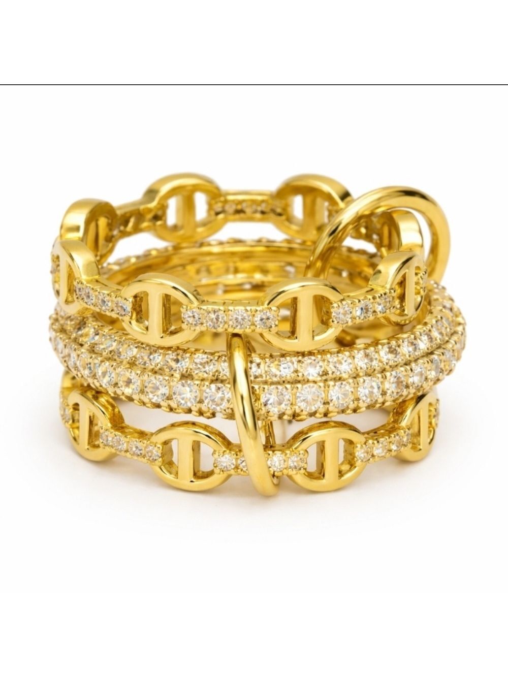 Gold Plated Stacked Interlocked Chain Link And CZ Size 9 Trio Ring